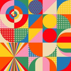 an abstract painting with circles and squares in red, yellow, blue, green, pink, orange