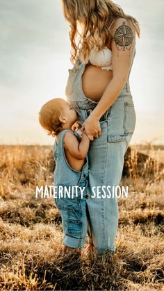 a woman holding a baby in her lap with the words maternity session written on it