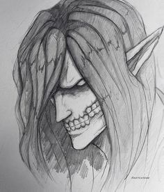 a drawing of a demon with long hair and fangs on it's face is shown