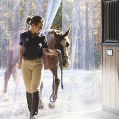 a woman leading a horse through an open doorway with sheer curtains on the side and trees in the background