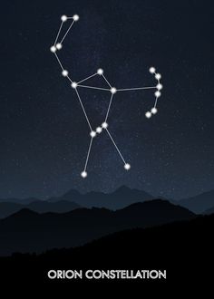 the zodiac sign is in the sky above mountains and trees, with stars on them