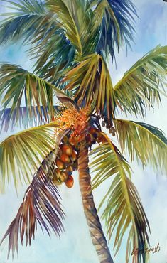 a painting of a palm tree with fruit hanging from it's leaves and the sky in the background