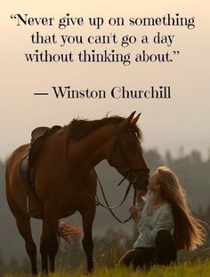 a woman sitting next to a brown horse on top of a lush green field with a quote written above it