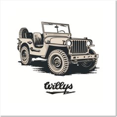 an old style jeep with the word rallyy's written on it in black and white