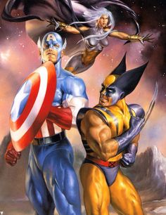 Captain America, Wolverine & Storm by Julie Bell Wolverine And Storm, Marvel Cards, Spiderman Artwork, Fantasy Authors