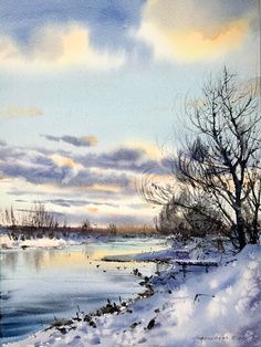 a watercolor painting of a snowy landscape with trees and clouds in the sky above