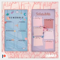 two calendars with stickers attached to them in front of a pink and blue background