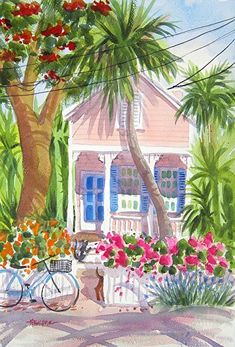 a watercolor painting of a house with flowers in the foreground and a bicycle parked next to it