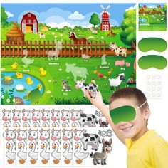 a young boy holding up a green sticker with farm animals and farm scene in the background