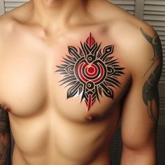 a man with a tattoo on his chest