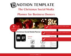 the christmas social media planner for business owners is displayed on a tablet screen with red and white