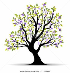 a tree with purple flowers and green leaves on the branches, isolated from white background