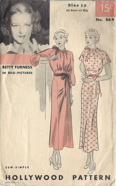 ~ Circa/Date: Mid 1930s ~ Details:   TWO-STYLE VARIATION DRESS By HOLLYWOOD PATTERN - Modeled and Highlighted by Actress Betty Furness ~ Size/Measurements:  18   ~Bust: 36″  ~ Waist: ~   ~ Hip: 39″  (Inches) ~ Please Note: ~ You are buying a 'Professional Reproduced' copy of this sewing pattern. Copied from the original sewing pattern. Produced in Full Scale Pattern Pieces ready to cut with full instructions included. Reproduced on high quality 50 gm paper with black ink, durable and easier for reuse. Printed by a Professional Printing Company.   ~ With this product comes an accompanying 'Booklet' and inside the Booklet it includes: ~ A 2-page Instructions and Illustrations on 'How to Adjust Your pattern to your Personal Measurement.' ~ Personal Measurement Chart ~ Body Form Illustrations Hollywood Patterns, 1930s Dress Pattern, 1930's Dress, Blithe Spirit, 1930's Fashion, Sewing Vintage, 30s Fashion, Vintage Dress Patterns, Motif Vintage