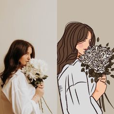 a woman standing next to a drawing of a woman holding flowers and looking at her face