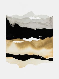 an abstract painting with black, gold and white colors