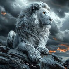 a white lion sitting on top of a rock under a cloudy sky with orange eyes