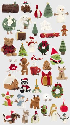 many different types of stuffed animals and christmas decorations on a white background with text overlay