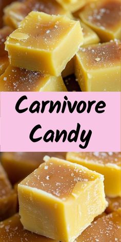 a pile of caramel flavored candy with the words, carnivor candy