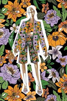 a drawing of a woman standing in front of flowers and leaves on a black background