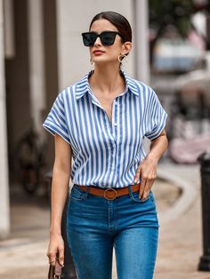 Blue and White Casual Collar Short Sleeve Woven Fabric Striped Shirt Embellished Non-Stretch  Women Clothing Stripe Shirts Women, Women Striped Shirt Outfit, Short Sleeve Button Down Outfit For Women, Blue And White Striped Shirt Outfit Women, Blue And White Striped Shirt Outfit Work, Blue Striped Shirt Outfit Women, Outfits With Collared Shirts, Blue Striped Blouse Outfit, Short Sleeve Button Up Outfit