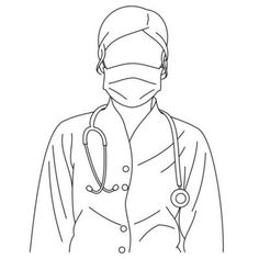 a person wearing a face mask with a stethoscope around their neck, standing in front of a white background