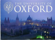 the university of oxford is lit up at night, with buildings in the foreground