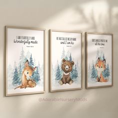 three framed posters with animals and words on the wall in a nursery or kids's room