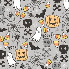 halloween seamless pattern with pumpkins, skulls and bats on grey background stock photo