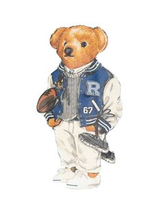 a drawing of a teddy bear wearing a baseball uniform and holding a glove in his hand