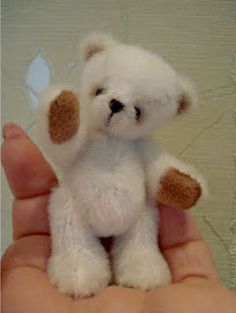 a small white teddy bear sitting in someone's hand