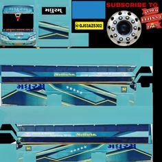 three different views of the front and rear wheels of a bus with blue paint on them