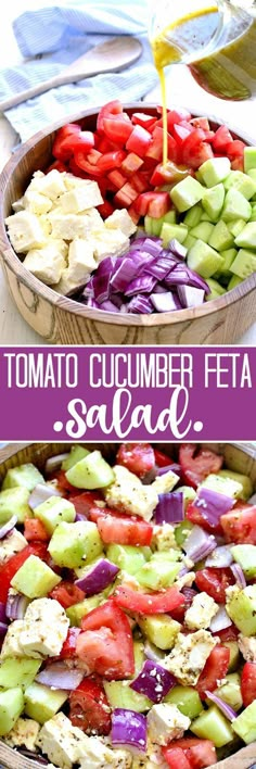 tomato cucumber feta salad in a bowl with dressing being drizzled over it