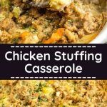 chicken stuffing casserole in a white bowl with the title overlay above it