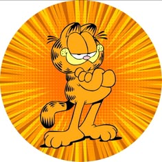 an orange cartoon cat sitting on top of a yellow sunburst with his arms crossed