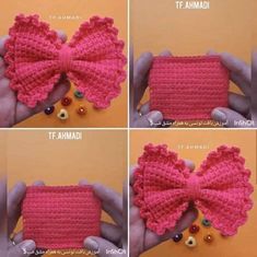 crocheted pink bow with beads in four different stages to make it look like an ornament