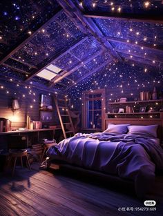 a bedroom with stars on the ceiling and wooden floors