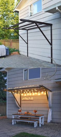 an outdoor covered patio with lights on the roof and in the back yard, there is a picnic table that has been set up for two people to eat