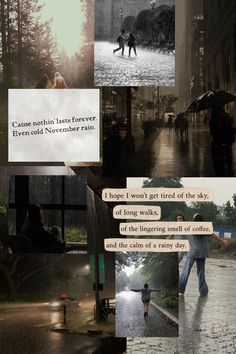 the collage shows people walking in the rain with umbrellas and words on them