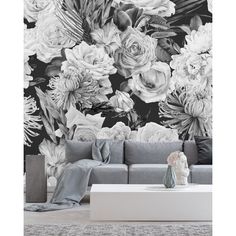 black and white floral wallpaper in a living room