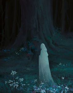 a ghost standing in the middle of a forest at night with flowers and trees around it