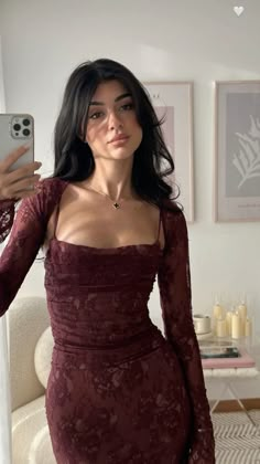 Red Midi Dress Aesthetic, Classy Aesthetic Dress, Red Dress For Birthday, Birthday Outfit Aesthetic, Burgundy Birthday, Burgundy Dress Outfit, Red Lace Prom Dress, Classy Prom, Lace Burgundy Dress