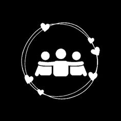 three people sitting together in a circle with hearts around them