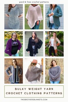 the knitting pattern for bulky weight yarn crochet clothing patterns is shown in several different styles