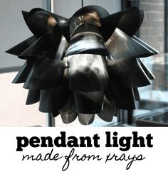 a metal light fixture with the words, pendant light made from prays on it