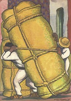 a painting of two men carrying large bags on their backs and pulling them up to the ground