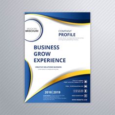 a blue and white business brochure is shown