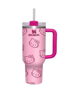 the hello kitty travel mug is pink and has an insulated cup handle with handles