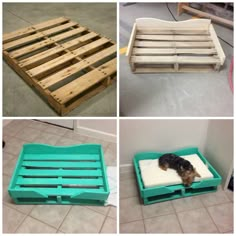 four different types of pallet furniture made out of wooden pallets and plastic crates