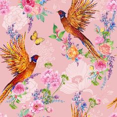 two birds and flowers on a pink background