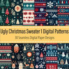 ugly christmas sweater digital paper patterns with snowflakes, trees, and reindeers